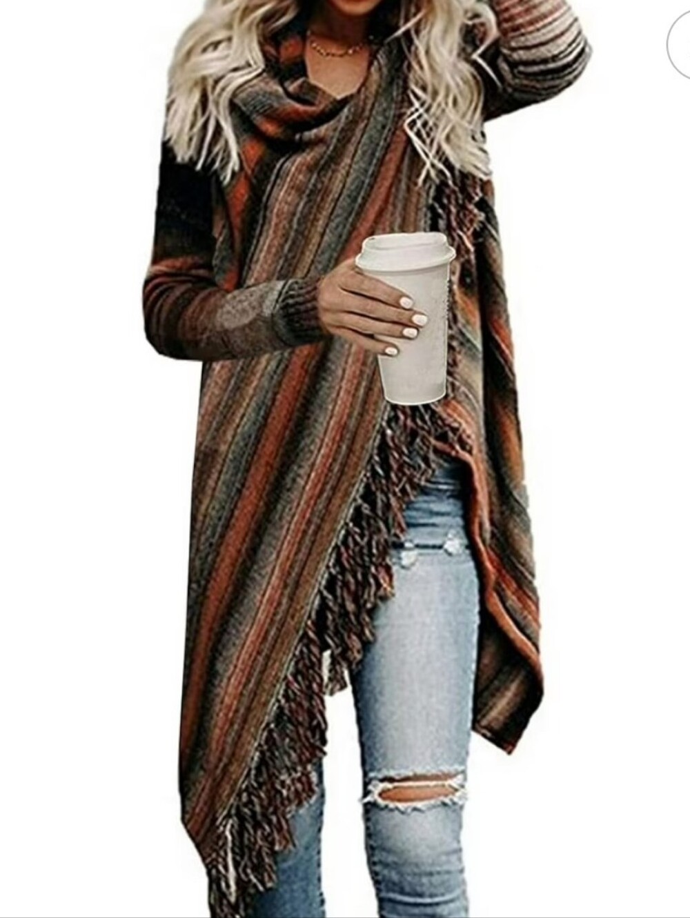 Striped Knit Poncho in Rust, Black & Cream